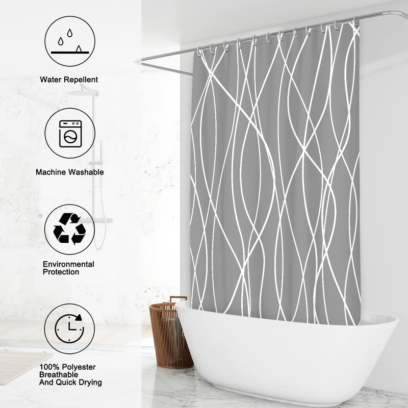 Punkray Dark Grey Shower Curtain for Bathroom with Hooks Shower Curtain Set, White Stripe Bath Curtains Decorative Shower Curtains Water Repellent Washable, 72 x 72 - Image 2