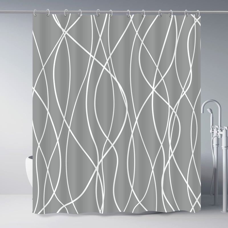Punkray Dark Grey Shower Curtain for Bathroom with Hooks Shower Curtain Set, White Stripe Bath Curtains Decorative Shower Curtains Water Repellent Washable, 72 x 72 - Image 1