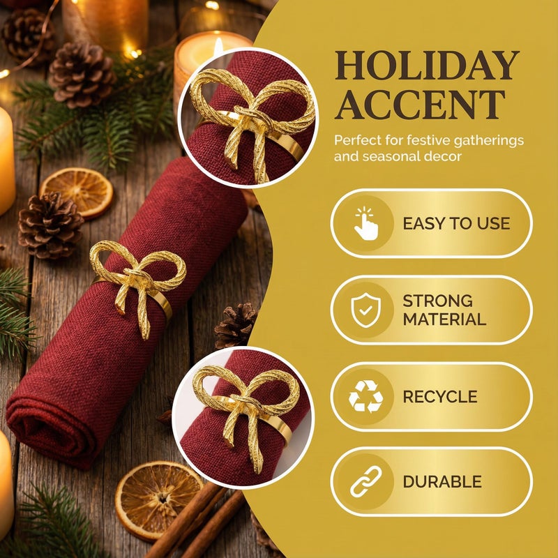 6Pcs Bow Napkin Rings Vintage Gold Ring Holders for Table Setting Elegant Cloth Napkins with Unique Design Ideal for Wedding Dinner Party and Holiday Decorations - Image 3