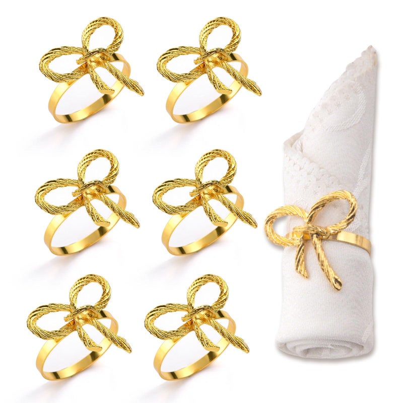 6Pcs Bow Napkin Rings Vintage Gold Ring Holders for Table Setting Elegant Cloth Napkins with Unique Design Ideal for Wedding Dinner Party and Holiday Decorations - Image 1