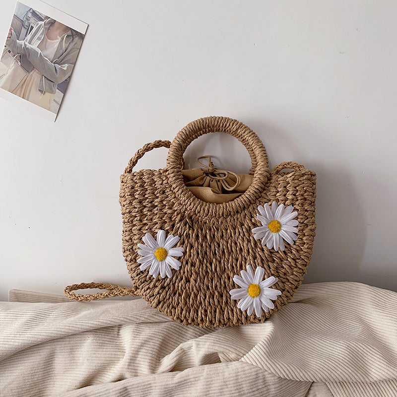 Straw Woven Bag, New Style, Fresh And Simple, Hand-Held, Cross-Body, Floral Decoration, Dual-Use Paper Rope Shoulder Bag, Mini Round Woven Bag - Image 1