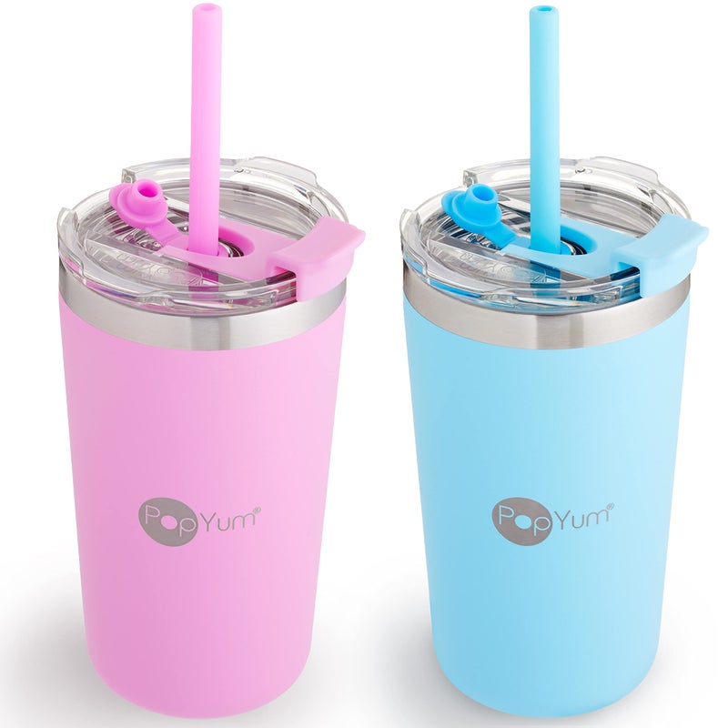 PopYum 13oz Insulated Stainless Steel Kidsâ€™ Cups with Lid and Straw, 2-Pack, Blue, Pink, stackable, sippy, baby, child, toddler, tumbler, double wall, vacuum, leak proof - Image 1