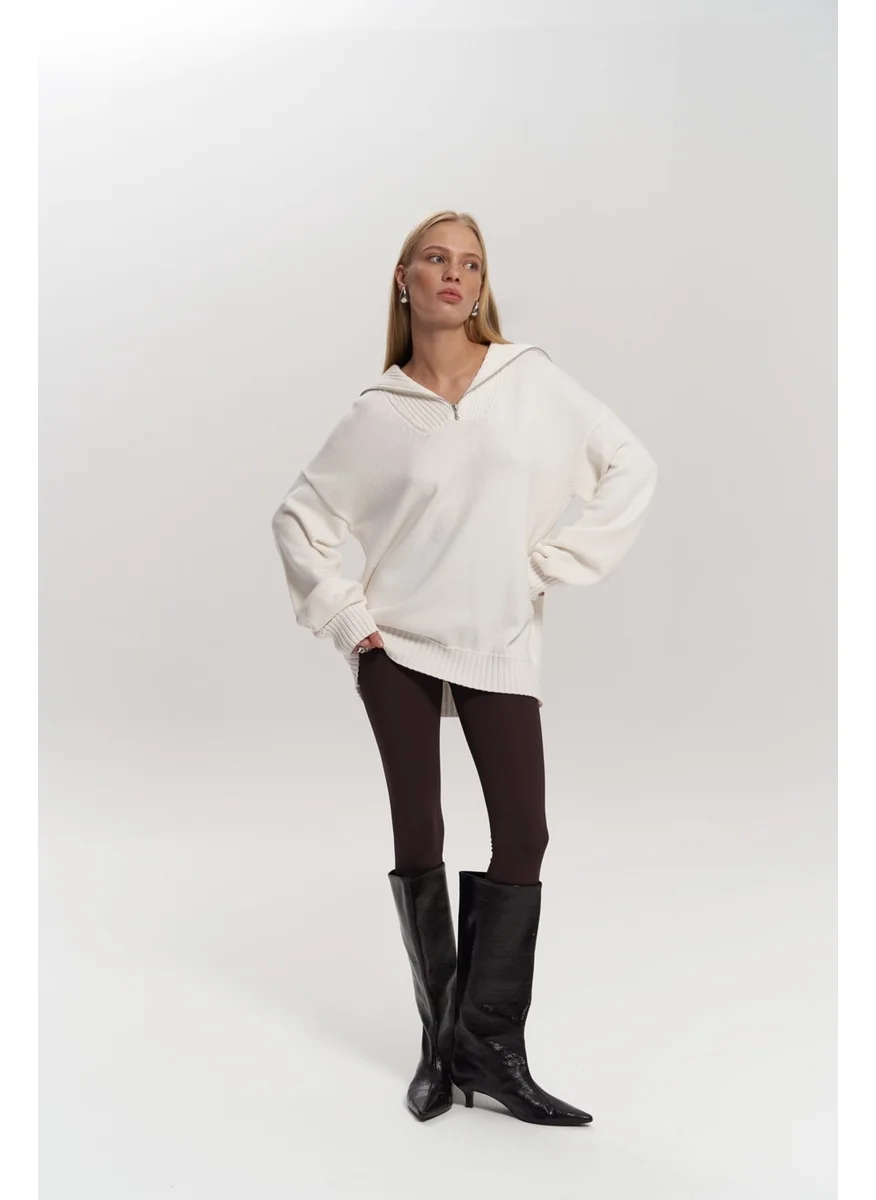 Mai Collection Lorna Zippered Ecru Knit Sweater