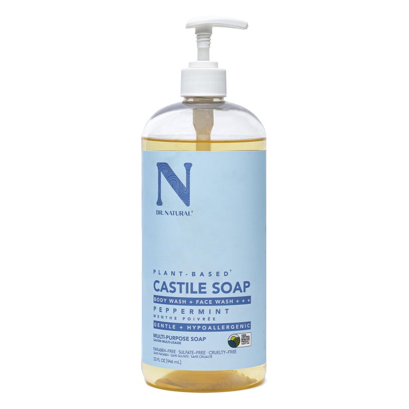 Dr. Natural Castile Liquid Soap, Peppermint, 32 oz - Plant-Based - Made with Organic Shea Butter - Rich in Coconut and Olive Oils - Sulfate and Paraben-Free, Cruelty-Free - Multi-Purpose Soap - Image 1