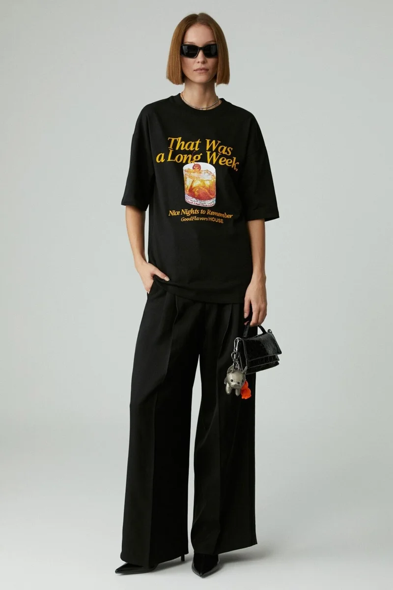 جريميلانج Mercedıtas Women's Regular Printed Round Neck Black T-Shirt