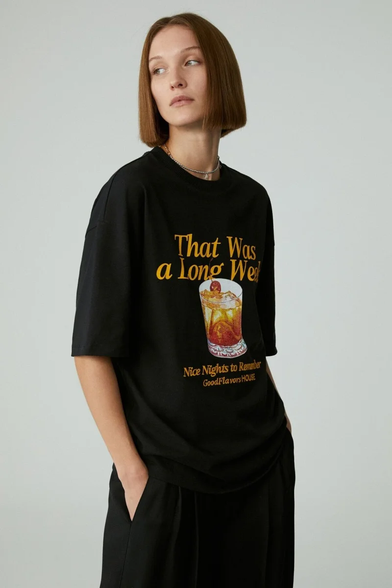 جريميلانج Mercedıtas Women's Regular Printed Round Neck Black T-Shirt