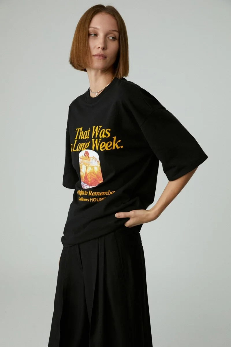 جريميلانج Mercedıtas Women's Regular Printed Round Neck Black T-Shirt