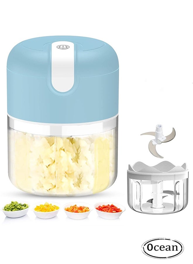 JS 250ML Electric Food Processor Portable Meat Blender Onion Chopper Garlic Mincer Vegetable Cutter with 3 Steel,Easy to Clean,for Kitchen Restaurant Picnic (Blue) - Image 1