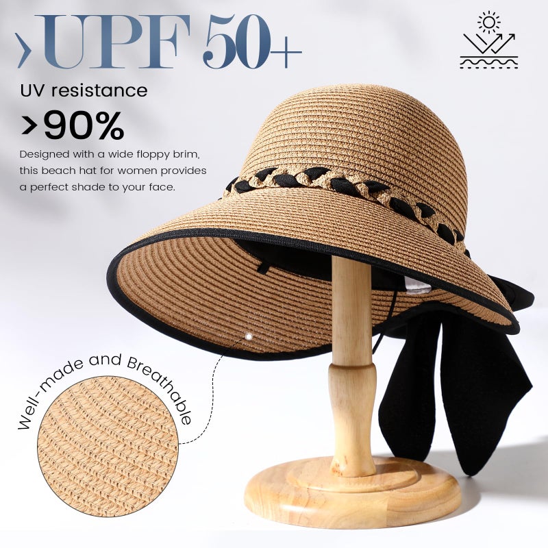 Pleneal Beach Hats for Women, Straw Hat for Women UPF 50+ UV Sun Protection Foldable Sun Hat Deep Khaki - Image 3