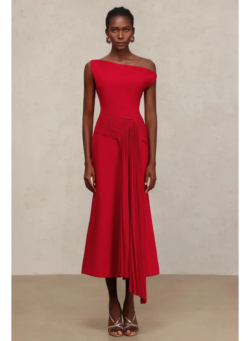 Bella Barnett Jillian Oblique Shoulder Sleeveless Folds Midi Dress