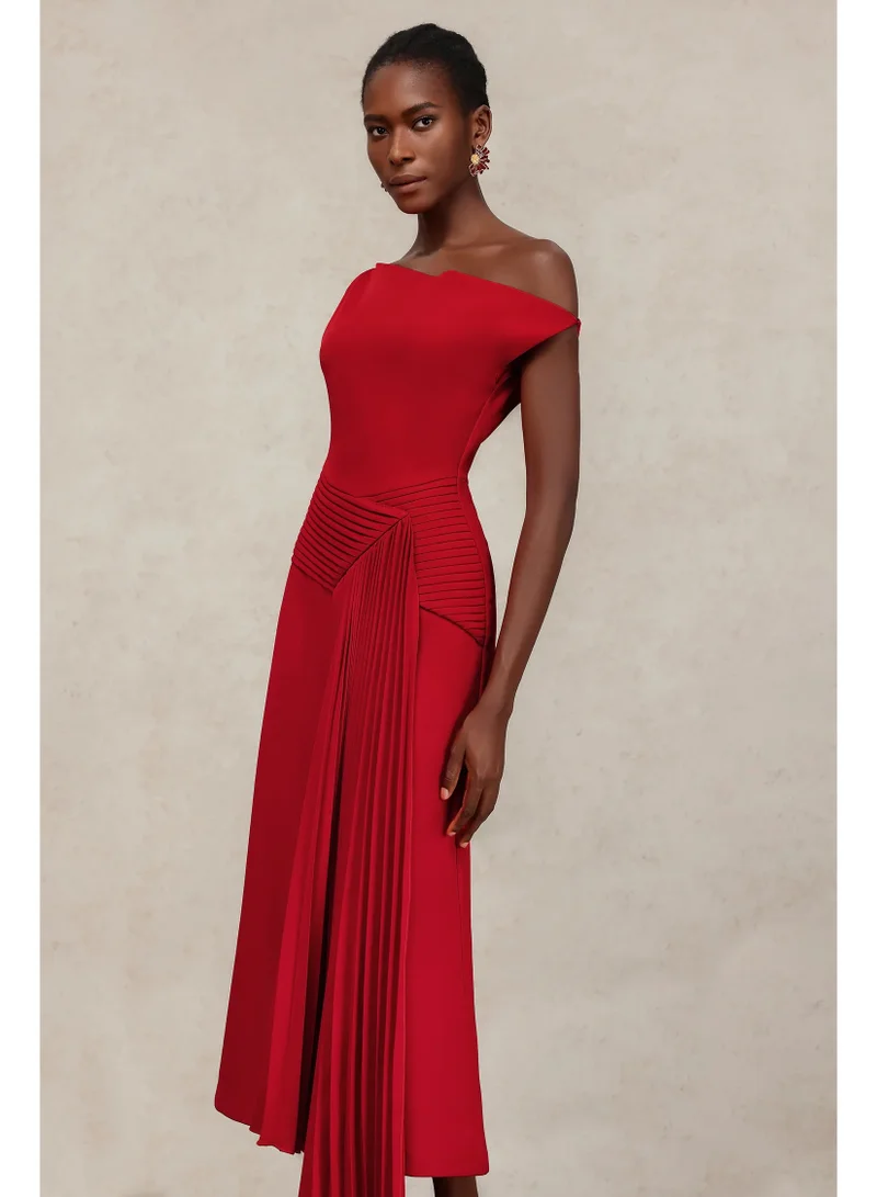 Bella Barnett Jillian Oblique Shoulder Sleeveless Folds Midi Dress