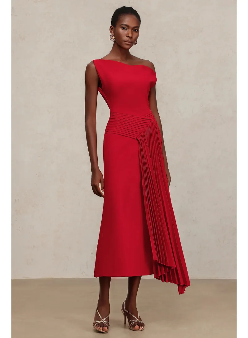 Bella Barnett Jillian Oblique Shoulder Sleeveless Folds Midi Dress