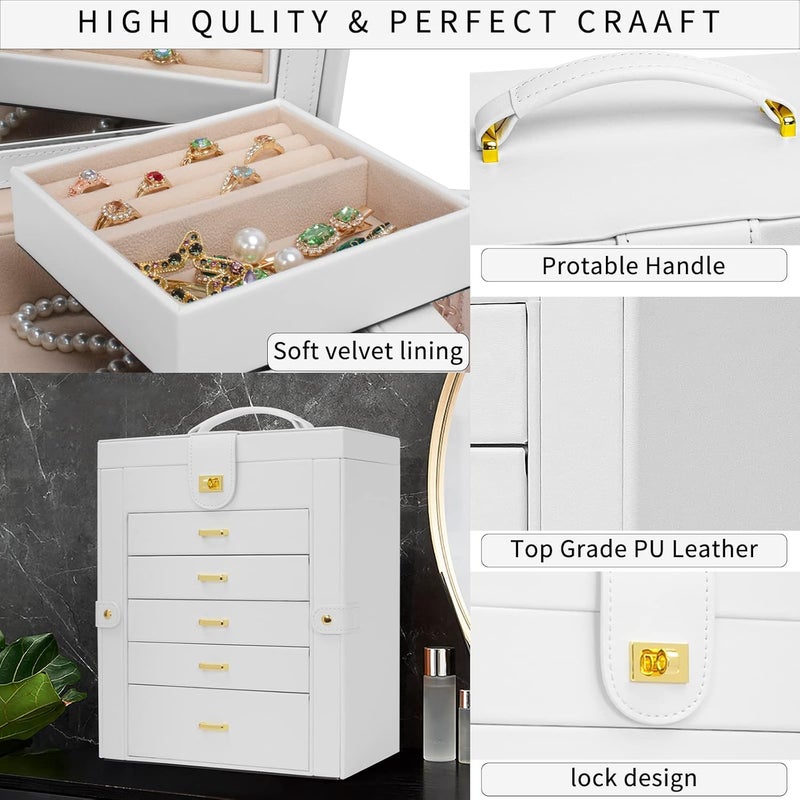 AKOZLIN 6-Tier Jewelry Box Organizer with 5 Drawers and Mirror - White - Image 5