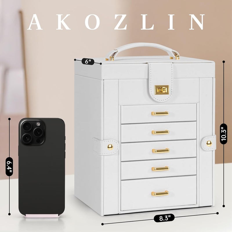 AKOZLIN 6-Tier Jewelry Box Organizer with 5 Drawers and Mirror - White - Image 3