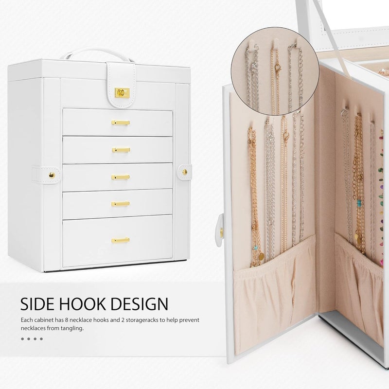 AKOZLIN 6-Tier Jewelry Box Organizer with 5 Drawers and Mirror - White - Image 2
