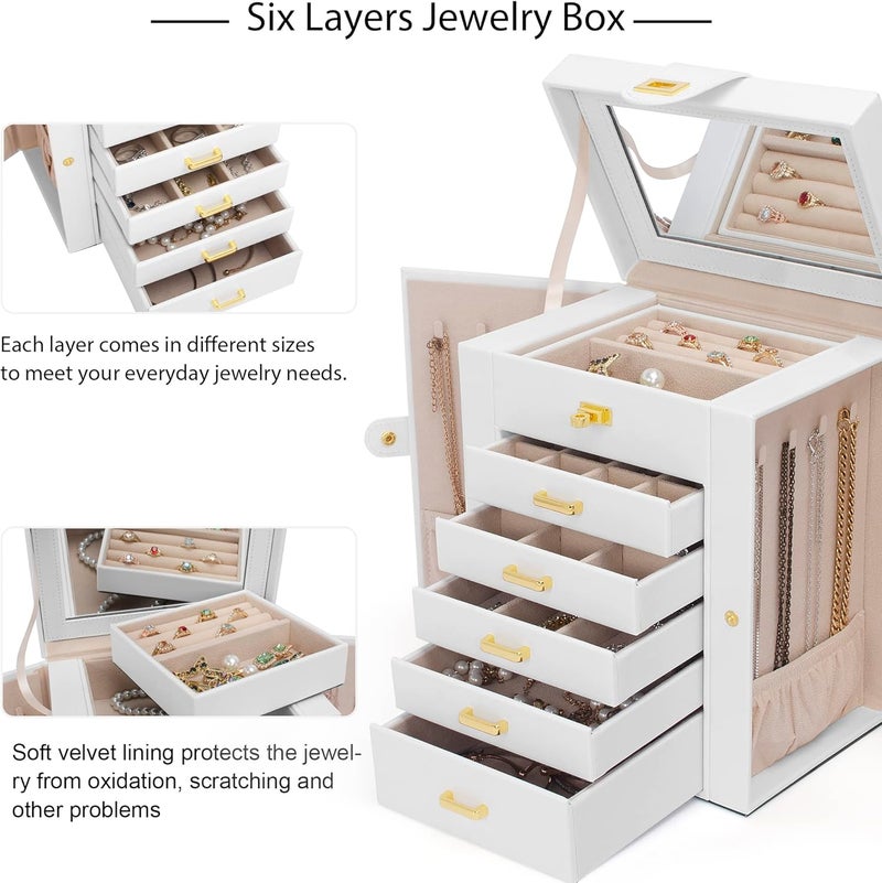 AKOZLIN 6-Tier Jewelry Box Organizer with 5 Drawers and Mirror - White - Image 4