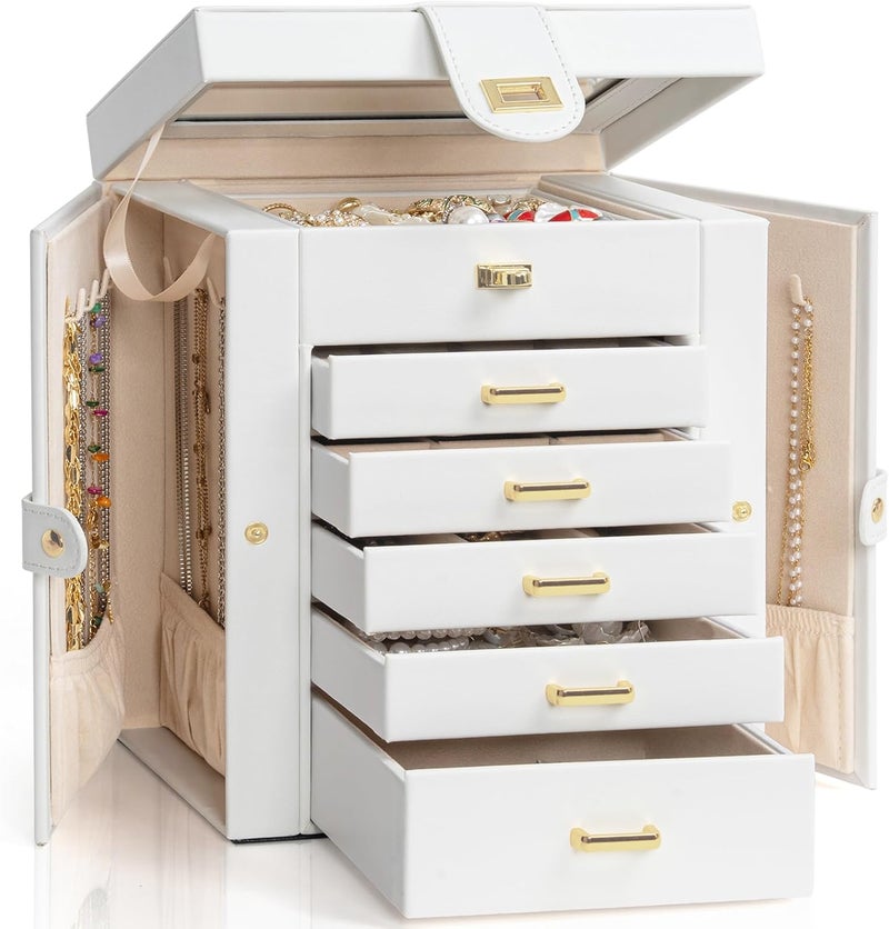 AKOZLIN 6-Tier Jewelry Box Organizer with 5 Drawers and Mirror - White - Image 1