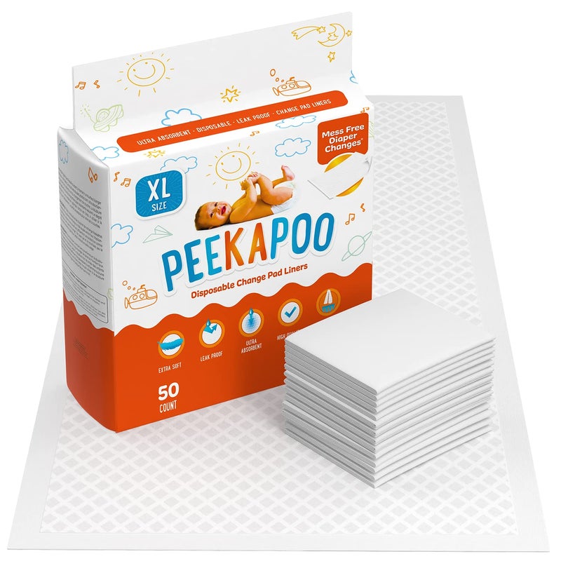 Peekapoo X-Large (30"x18") Disposable Changing Pads for Baby â€“ Portable Changing Pad Liners for Mess Free Travel, Ultra Absorbent, Waterproof and Super Soft, 50 Count - Image 1