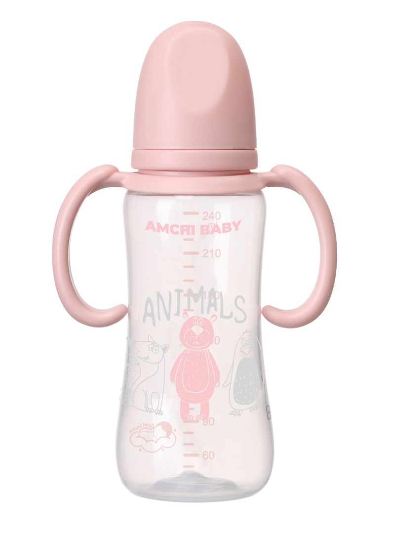 أمتشي بيبي زجاجة رضاعة بمقبض سعة 240 مل للأطفال من 6 أشهر فما فوق-وردي - Image 1