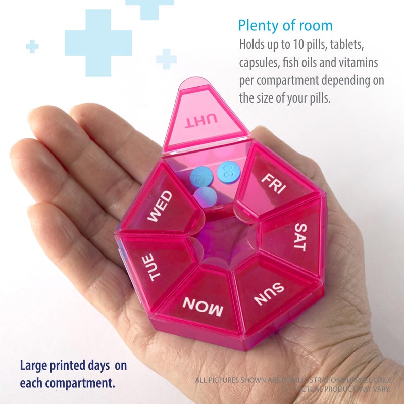 Deke Home - Small Weekly Pill Organizer, Round Pill Dispenser for Travel, Mini Pill Organizer, Compact Medicine Holder, Pill Sorters 7 Days, Portable Vitamin Container, BPA Free (Food Grade) - Image 4