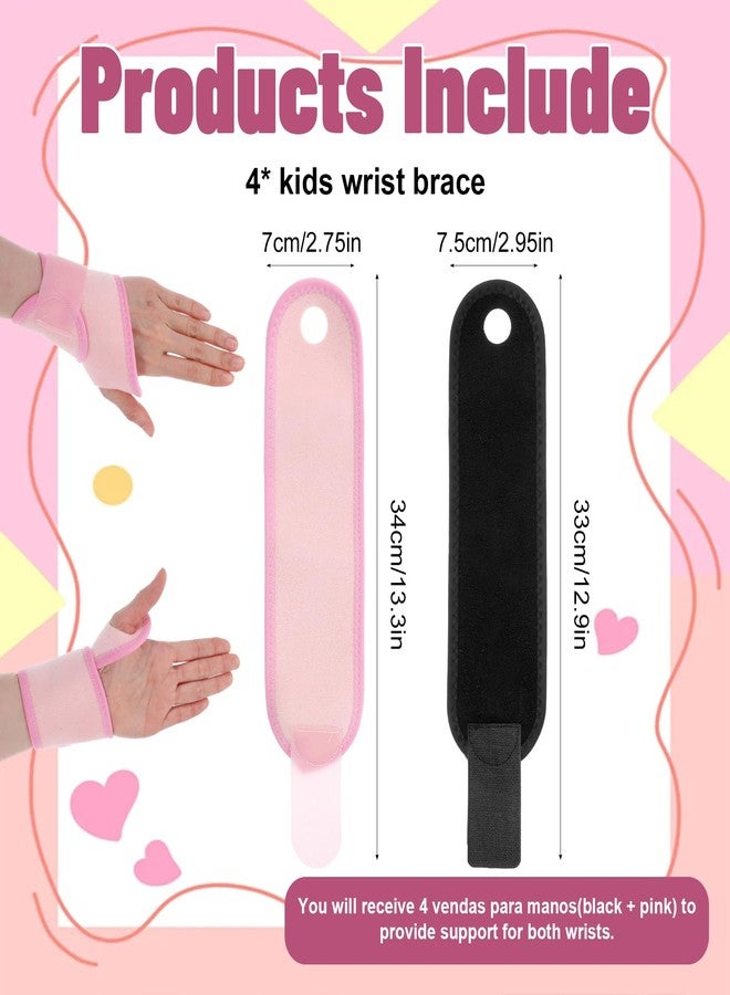 Quilax 4 PCS Kids Wrist Brace, Adjustable Wrist Brace for Sleeping, Adjustable Compression Straps for Different Sizes, Suitable for Sports and Sleep(Pink, Black) - Image 2