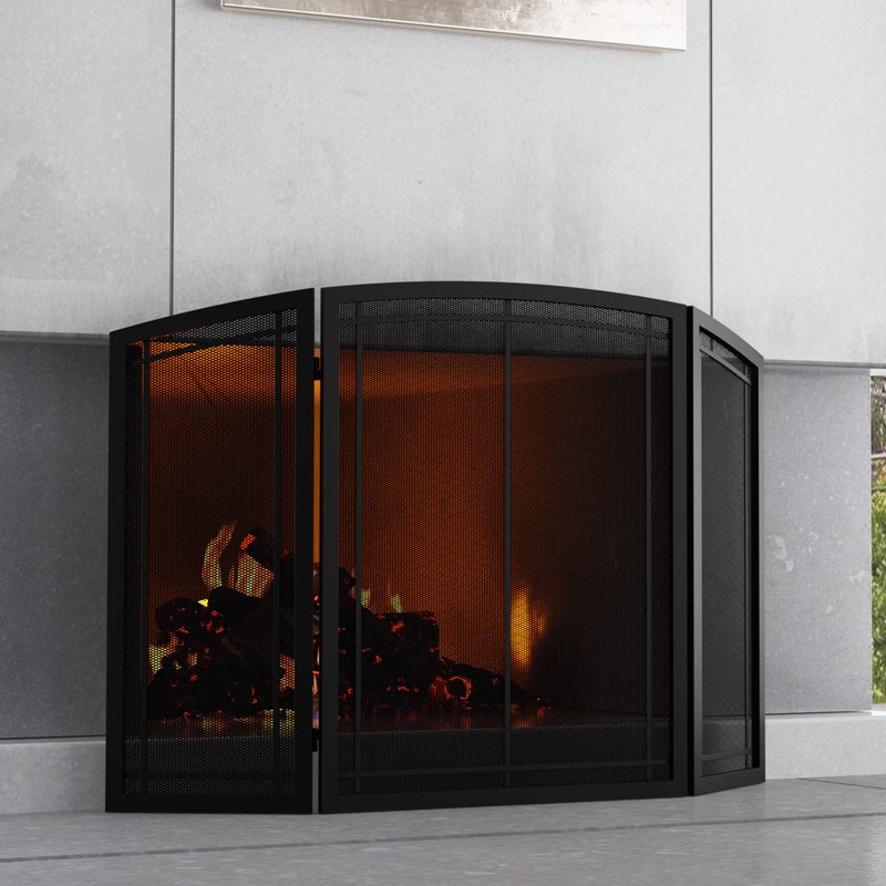 Fire Beauty FireBeauty Fireplace Screen 3 Panel Wrought Iron Black Metal 48L x30H Spark Guard Cover Modern 