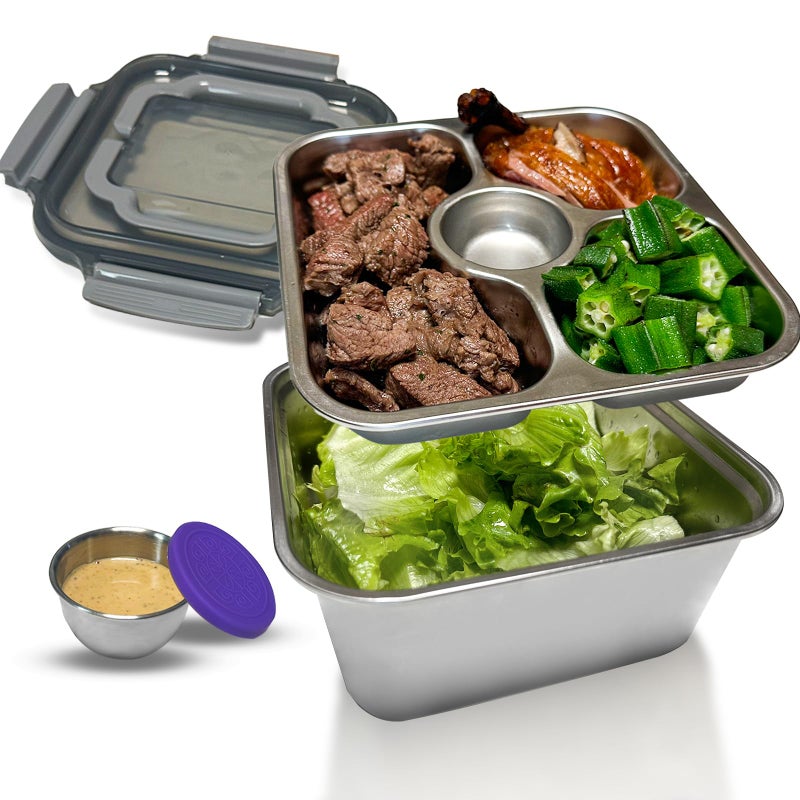 Hyperzacc Salad Container for Lunch Stainless Steeel Salad Container 60-oz Salad Bowl with Lid 4-Compartment Bento-Style Tray, 1.5-oz Salad Dressing Container,Dishwasher, Microwave, and Oven Safe (Gray Lid) - Image 1