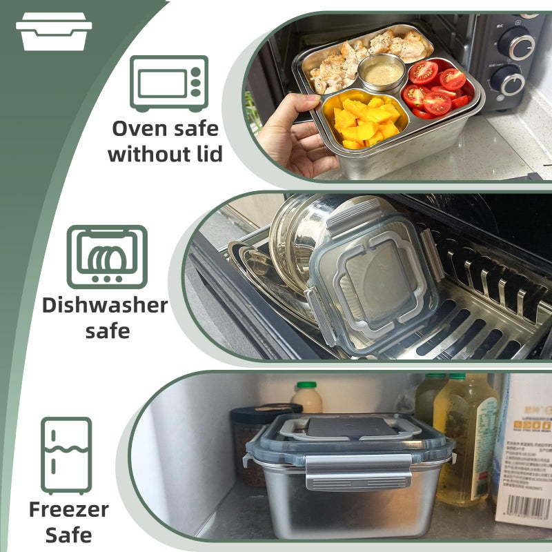 Hyperzacc Salad Container for Lunch Stainless Steeel Salad Container 60-oz Salad Bowl with Lid 4-Compartment Bento-Style Tray, 1.5-oz Salad Dressing Container,Dishwasher, Microwave, and Oven Safe (Gray Lid) - Image 4