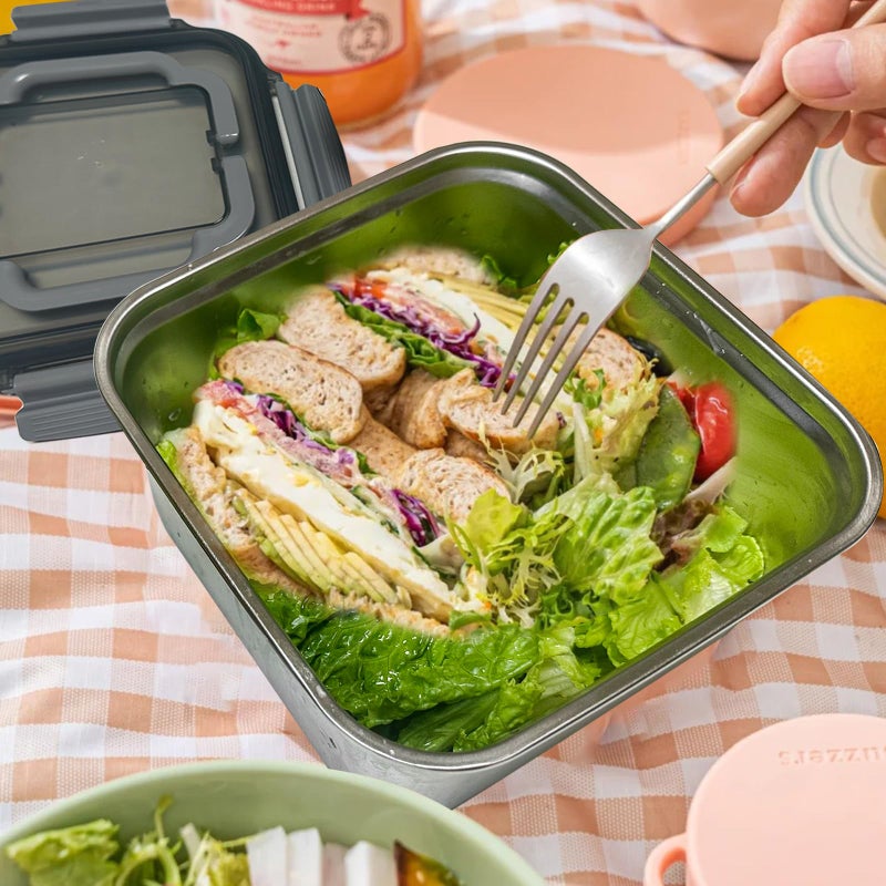 Hyperzacc Salad Container for Lunch Stainless Steeel Salad Container 60-oz Salad Bowl with Lid 4-Compartment Bento-Style Tray, 1.5-oz Salad Dressing Container,Dishwasher, Microwave, and Oven Safe (Gray Lid) - Image 2