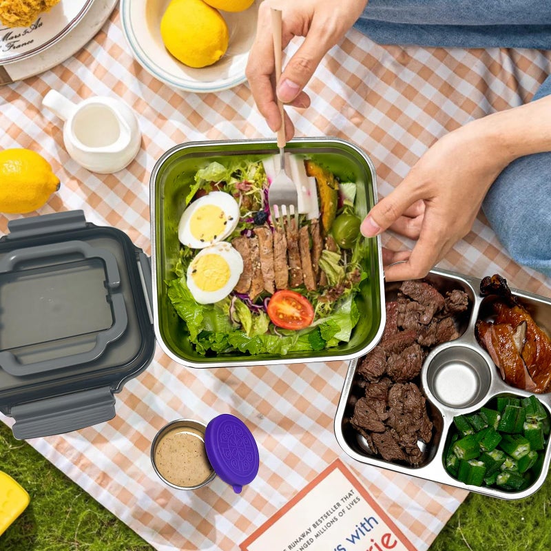 Hyperzacc Salad Container for Lunch Stainless Steeel Salad Container 60-oz Salad Bowl with Lid 4-Compartment Bento-Style Tray, 1.5-oz Salad Dressing Container,Dishwasher, Microwave, and Oven Safe (Gray Lid) - Image 3