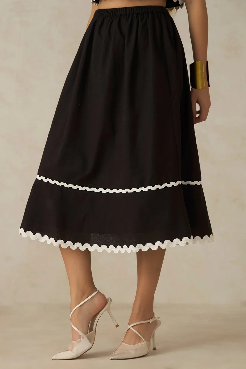 Virgio  Solid Cotton Ric-Rac Lace Midi Skirt for Women for Women | Best Price UAE