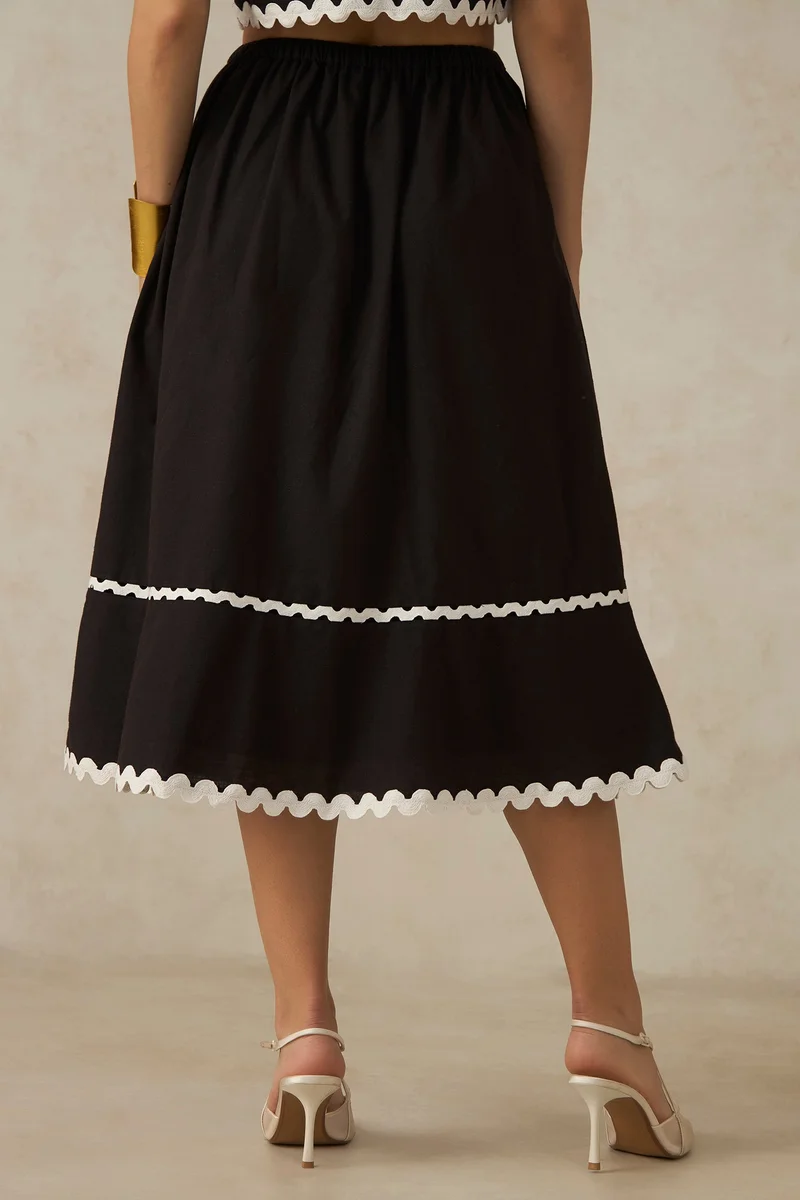 Virgio  Solid Cotton Ric-Rac Lace Midi Skirt for Women for Women | Best Price UAE