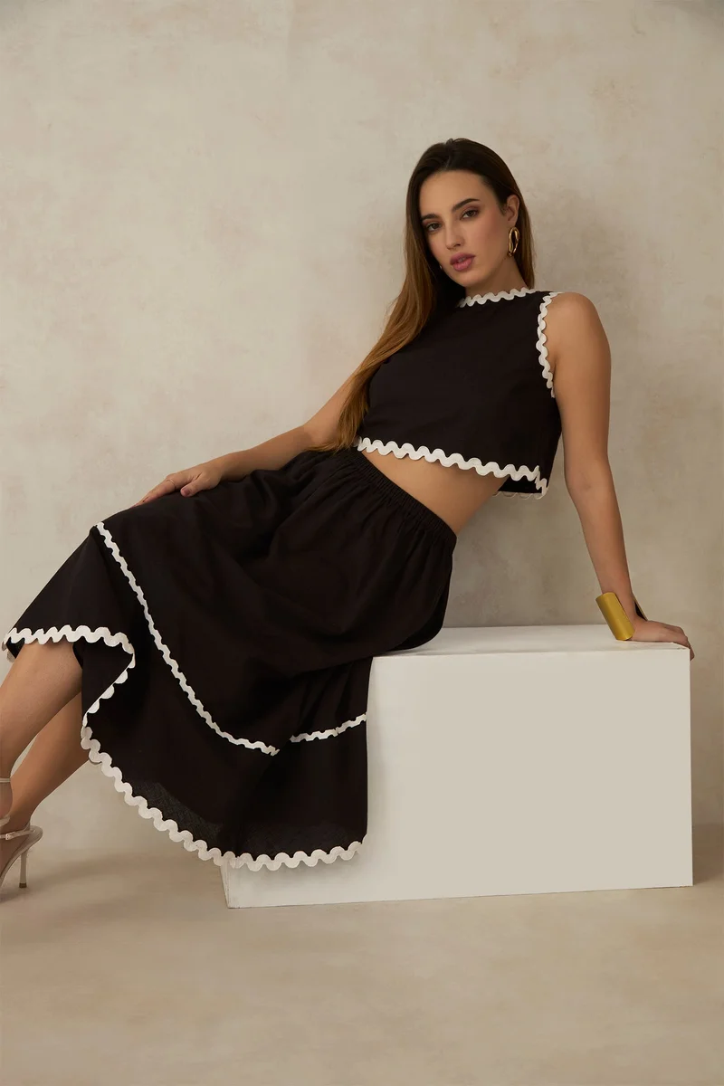 فيرجيو Solid Cotton Ric-Rac Lace Midi Skirt for Women