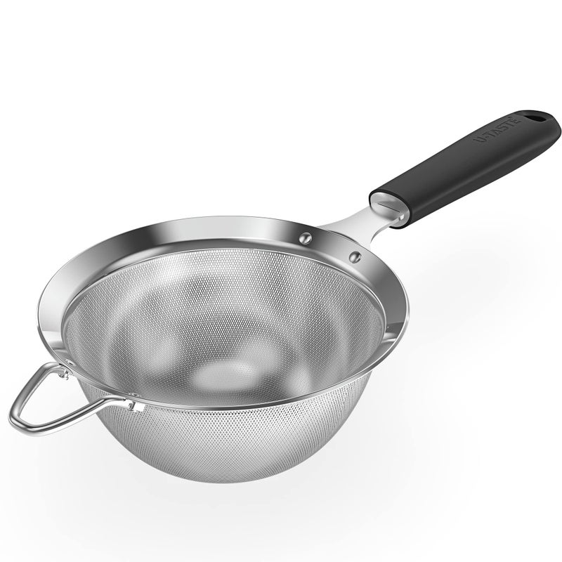 U-Taste 188 Stainless Steel Mesh Strainer UTaste 55 Inch Kitchen Fine Mesh Sieve Food Colander with Riveted Sturdy Silicone Handle and 30 Mesh Hole for Straining Flour Pasta Fruit Quinoa Black - Image 2
