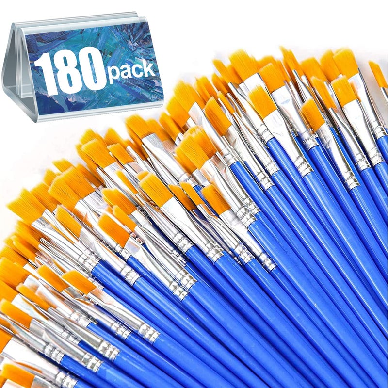 AROIC 180pcs Flat Paint Brushes Set Small Brushes Bulk Nylon Hair for Kids Acrylic Oil Watercolor Artist Professional Painting for Classroom Students