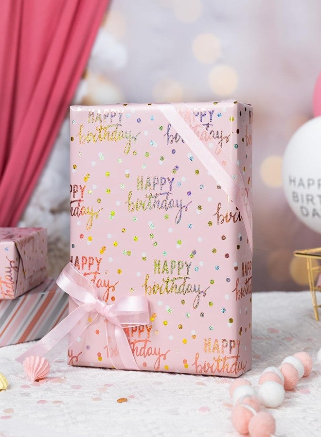 MAYPLUSS Birthday Wrapping Paper Roll, Pink Metallic Holographic Happy Birthday Wrapping Paper Featuring Revesible Stripe Gift Wrap Paper for Girls Boys Kids Men, 17 Inches x 33 Feet - Image 3