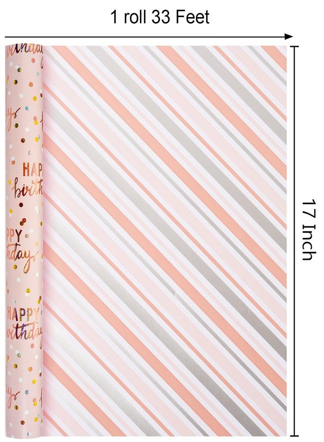 MAYPLUSS Birthday Wrapping Paper Roll, Pink Metallic Holographic Happy Birthday Wrapping Paper Featuring Revesible Stripe Gift Wrap Paper for Girls Boys Kids Men, 17 Inches x 33 Feet - Image 4