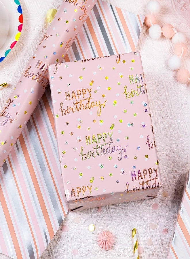 MAYPLUSS Birthday Wrapping Paper Roll, Pink Metallic Holographic Happy Birthday Wrapping Paper Featuring Revesible Stripe Gift Wrap Paper for Girls Boys Kids Men, 17 Inches x 33 Feet - Image 2