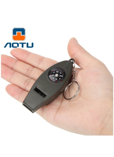 4 in1 Outdoor Survival Whistle Compass Magnifier Thermometer Keychain Travel EDC