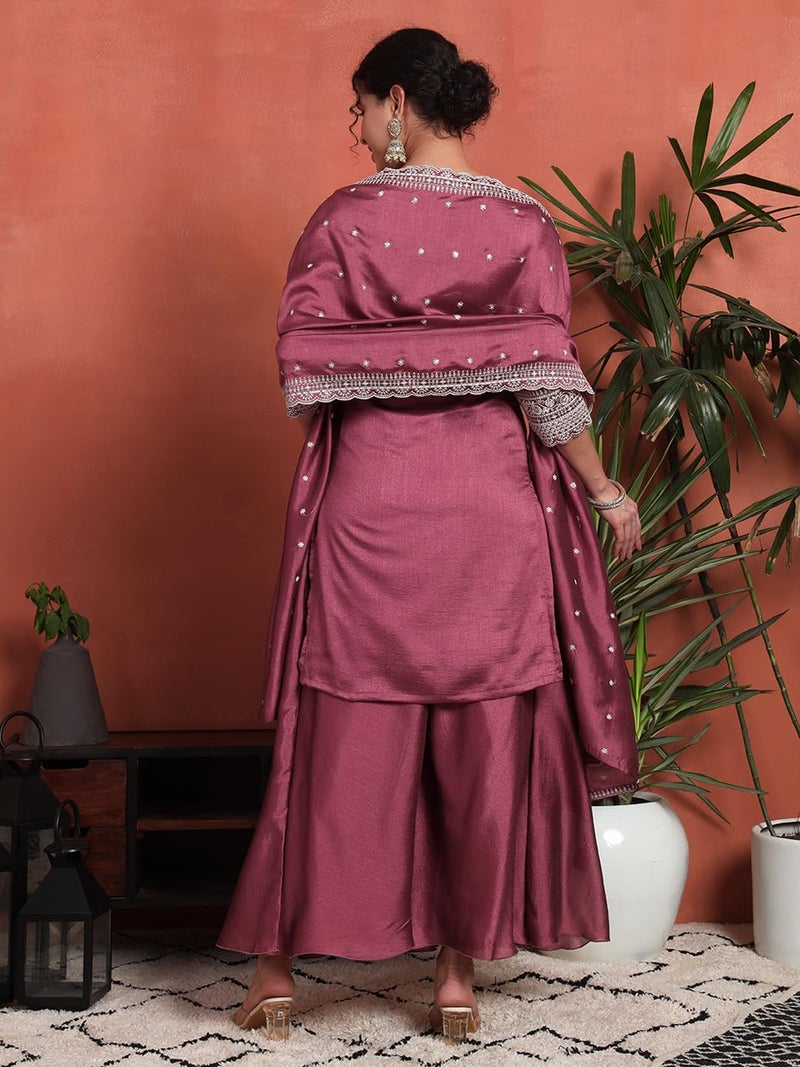 SHOPPING QUEEN Women's Silk Blend Embroidered Kurta and Palazzo Set (A588_Old Mauve_2XL) - Image 2