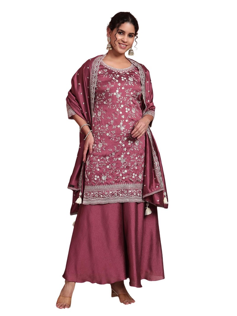 SHOPPING QUEEN Women's Silk Blend Embroidered Kurta and Palazzo Set (A588_Old Mauve_2XL) - Image 1