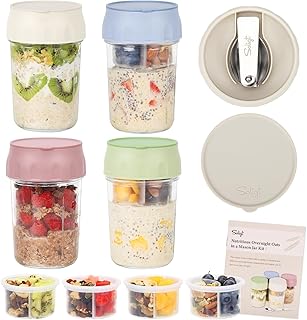 SOLIGT 4 Pack Overnight Oats Containers with Lids, Folding Spoons and Divided Compartments for Fruit & Nuts, Small - Image 1