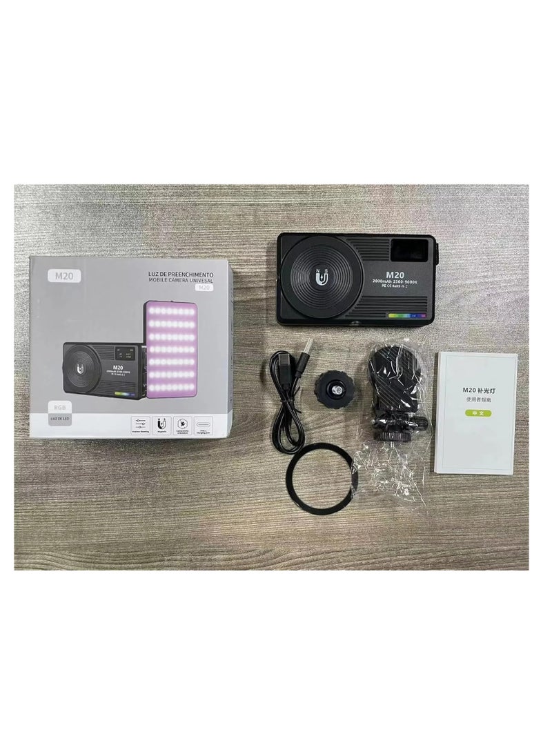 M20 LED Video Light, 124 LEDs, 2500-9000K, 3000mAh Battery, RGB Magnetic Camera Light with Clip Mount, Type-C Charging