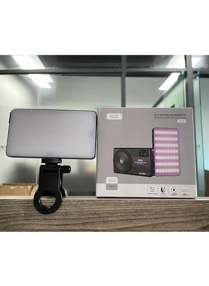 M20 LED Video Light, 124 LEDs, 2500-9000K, 3000mAh Battery, RGB Magnetic Camera Light with Clip Mount, Type-C Charging