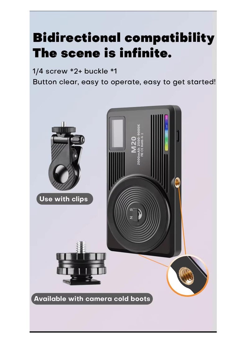M20 LED Video Light, 124 LEDs, 2500-9000K, 3000mAh Battery, RGB Magnetic Camera Light with Clip Mount, Type-C Charging