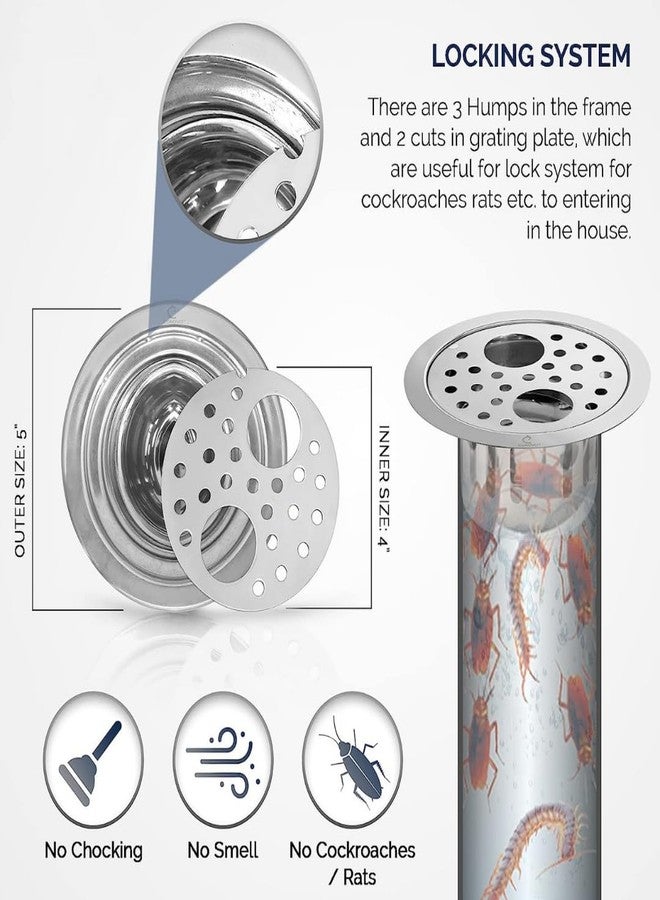 Bath Bliss BATHBLISS Stainless Steel 5" Holly Round Double Hole with Anti-Cockroach Water Drain Lock Jali for Bathroom & Kitchen (Pack of 1) - Image 5