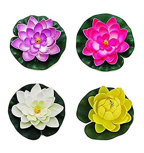 LOGRO Artificial Floating Lotus Foam Flowers with Rubber Leaf for Outdoor Indoor Home Wedding Aquariums Decoration Set of 4 Piece - Image 2