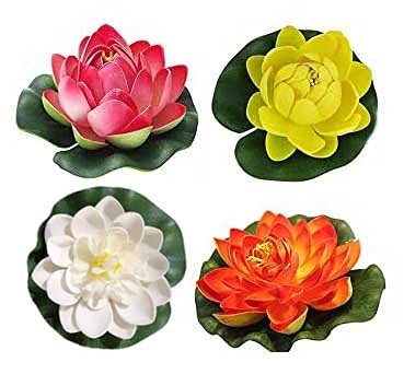 LOGRO Artificial Floating Lotus Foam Flowers with Rubber Leaf for Outdoor Indoor Home Wedding Aquariums Decoration Set of 4 Piece - Image 1