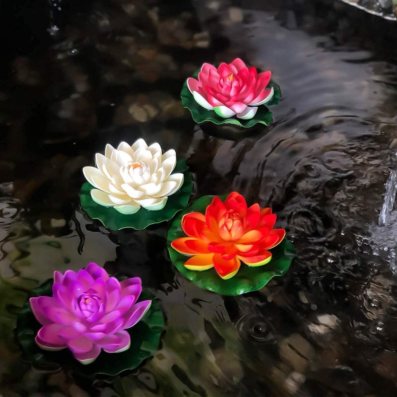 LOGRO Artificial Floating Lotus Foam Flowers with Rubber Leaf for Outdoor Indoor Home Wedding Aquariums Decoration Set of 4 Piece - Image 4