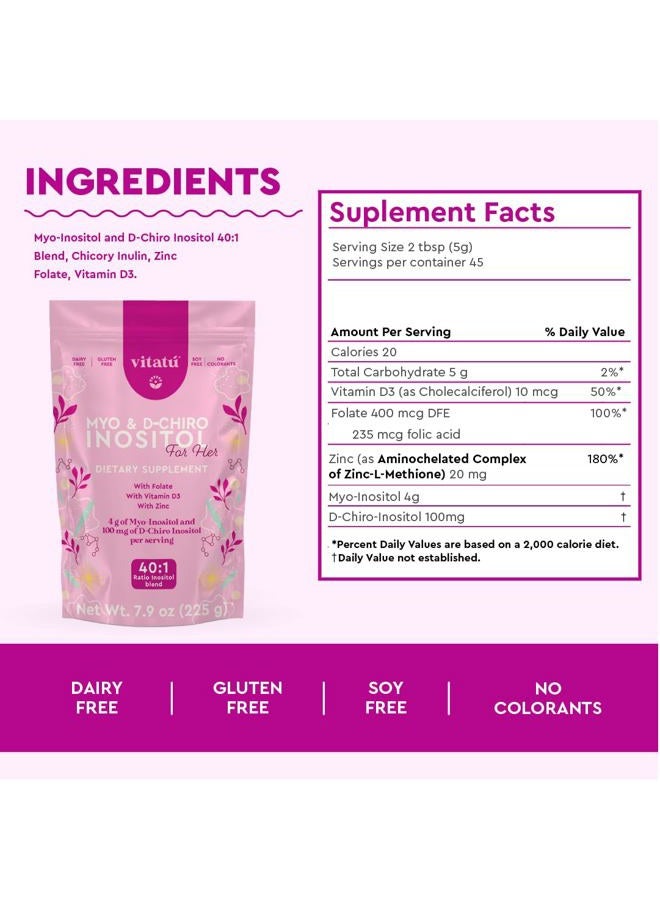 Vitatú Myo Inositol & D-Chiro Inositol Ideal Blend 40:1 with Folate + Vitamin D3 + Zinc, Food Supplement Powder for Women (225g each), 45 Days Lasting - Image 4